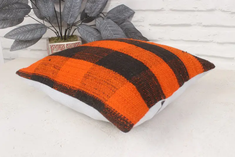 Vintage Kilim Pillow, Cushion Cover, Ethnical Kilim Rug Pillow, 14x14 Orange Pillow Case, Turkish Kilim Pillow, Seat Cushion Case - 6