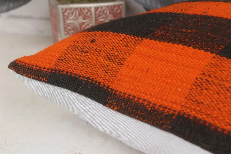 Vintage Kilim Pillow, Cushion Cover, Ethnical Kilim Rug Pillow, 14x14 Orange Pillow Case, Turkish Kilim Pillow, Seat Cushion Case - 7