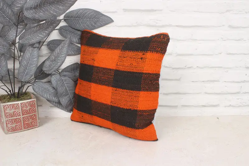 Vintage Kilim Pillow, Cushion Cover, Ethnical Kilim Rug Pillow, 14x14 Orange Pillow Case, Turkish Kilim Pillow, Seat Cushion Case - 4