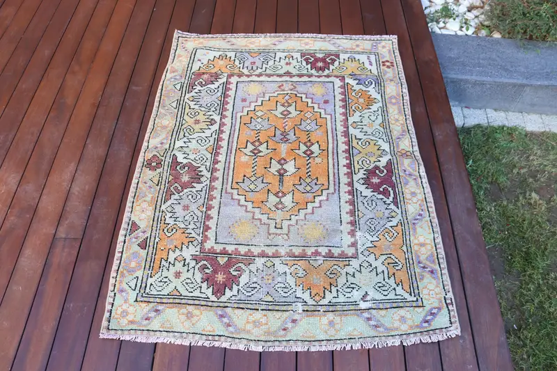 3.1x4.1 ft Halı, Vintage Türk Halısı, Turuncu Oushak Yün Halı - 1