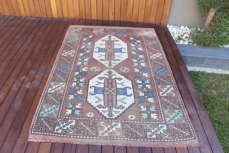 Turkish Rug, 4.4x6.3 ft Area Rug, Brown Blue Oushak Wool Rug - 1