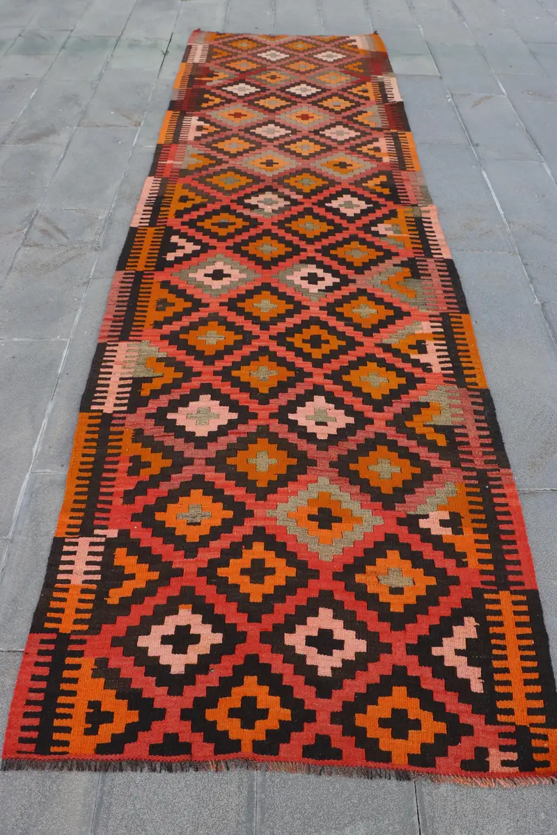 Red Abstract Rug, 3.7x13 ft Elegant Red & Black Accent