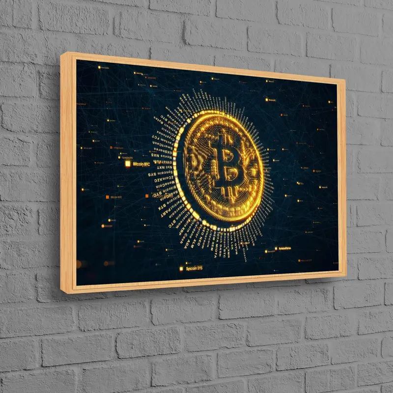 エレガントなビットコイン キャンバス: 現代オフィスのためのデジタル コイン アート