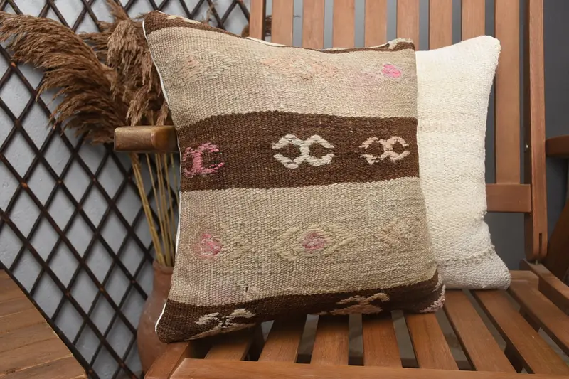 Pillow for Sofa, Vintage Pillow, Vintage Kilim Pillow Cushion Case, Outdoor Patio Pillow, 14x14 Beige Pillow Sham, Pillow Sham, Boho Pillow - 2