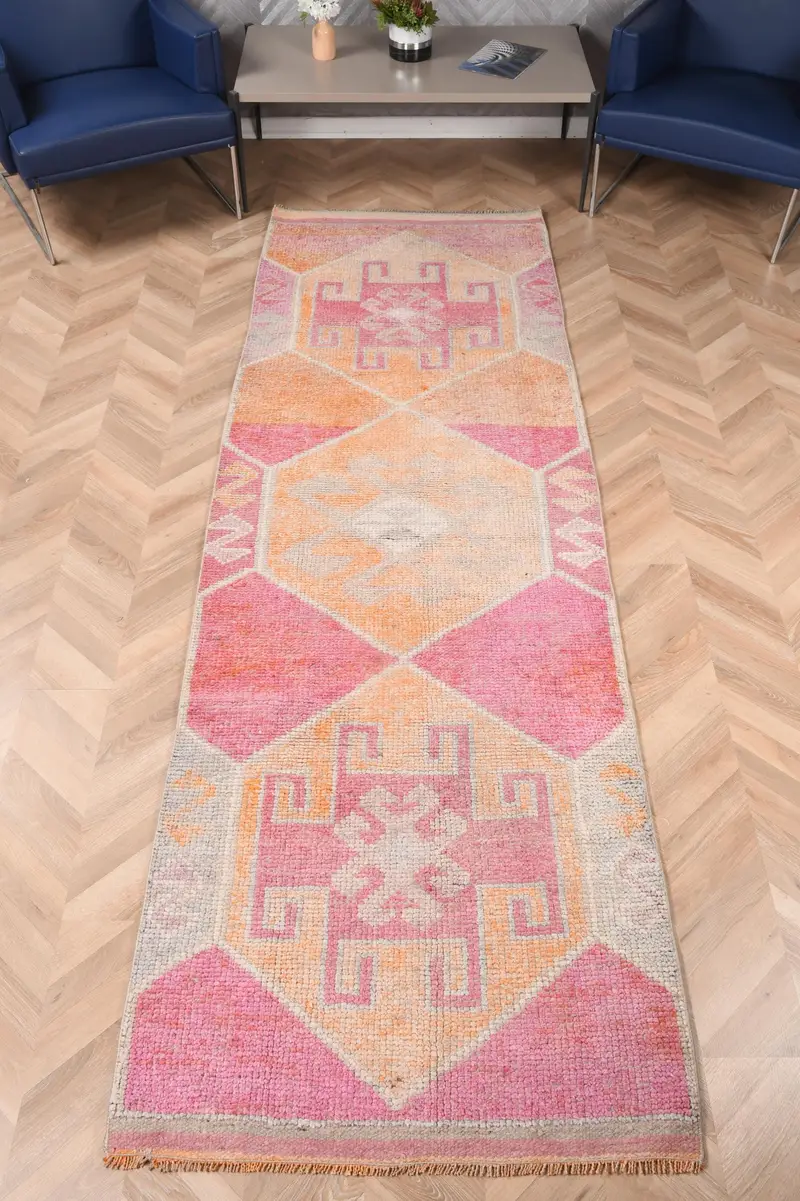 Türk Herki Halı 3.2x10.2 ft, Pembe Turuncu Güneybatı Yün Vintage Halı - 1