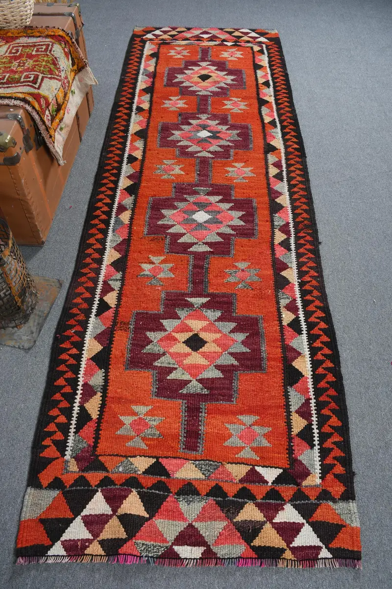 Kırmızı İran Halısı, 3x9.7 ft Zarif Kırmızı ve Mor