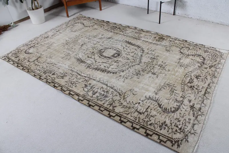 Turkish Vintage Large Rug 5.2x8.4 ft, Brown Oriental Rug Wool