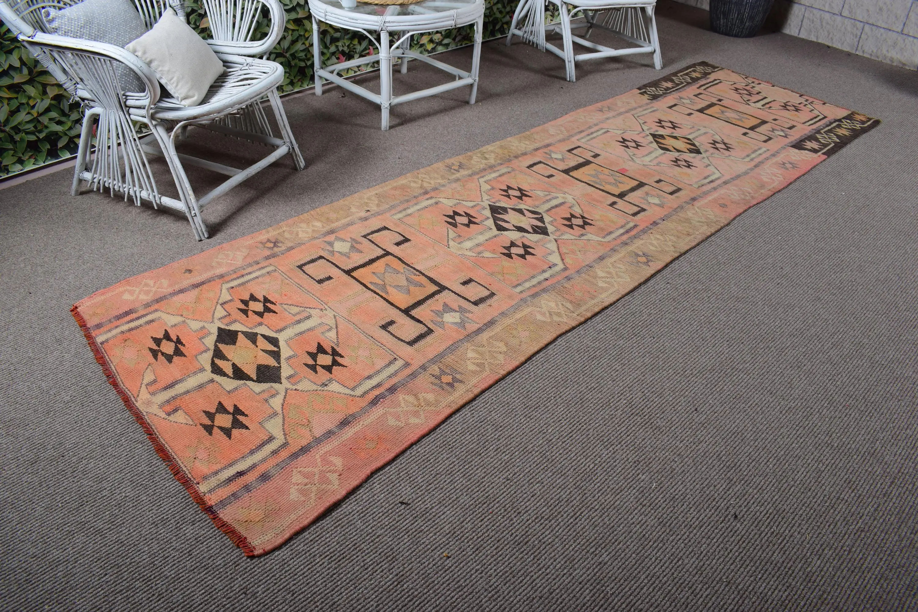 3.3x10.8 ft Vintage Runner Rug, Orange Black Turkish Ikat Wool Rug - 1