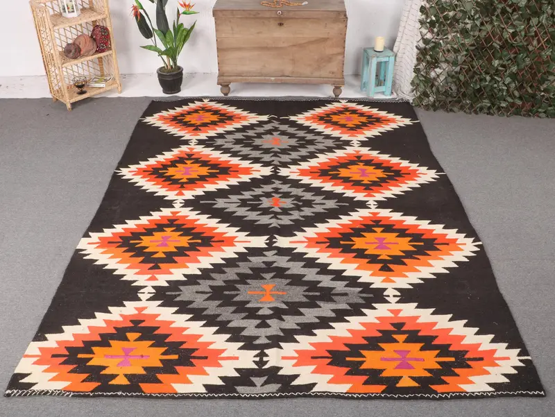 7,1x9 ft Black Moroccan Rug, Vibrant Orange Accents