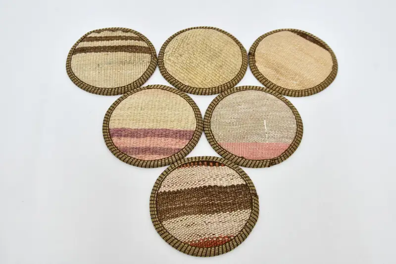 Elegant Beige and Brown Kilim Coasters, Stylish Table Coasters