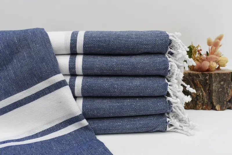 Navy Striped Organic Cotton Bath Towel, Embroidered Beach Towel, 70x40 Inches