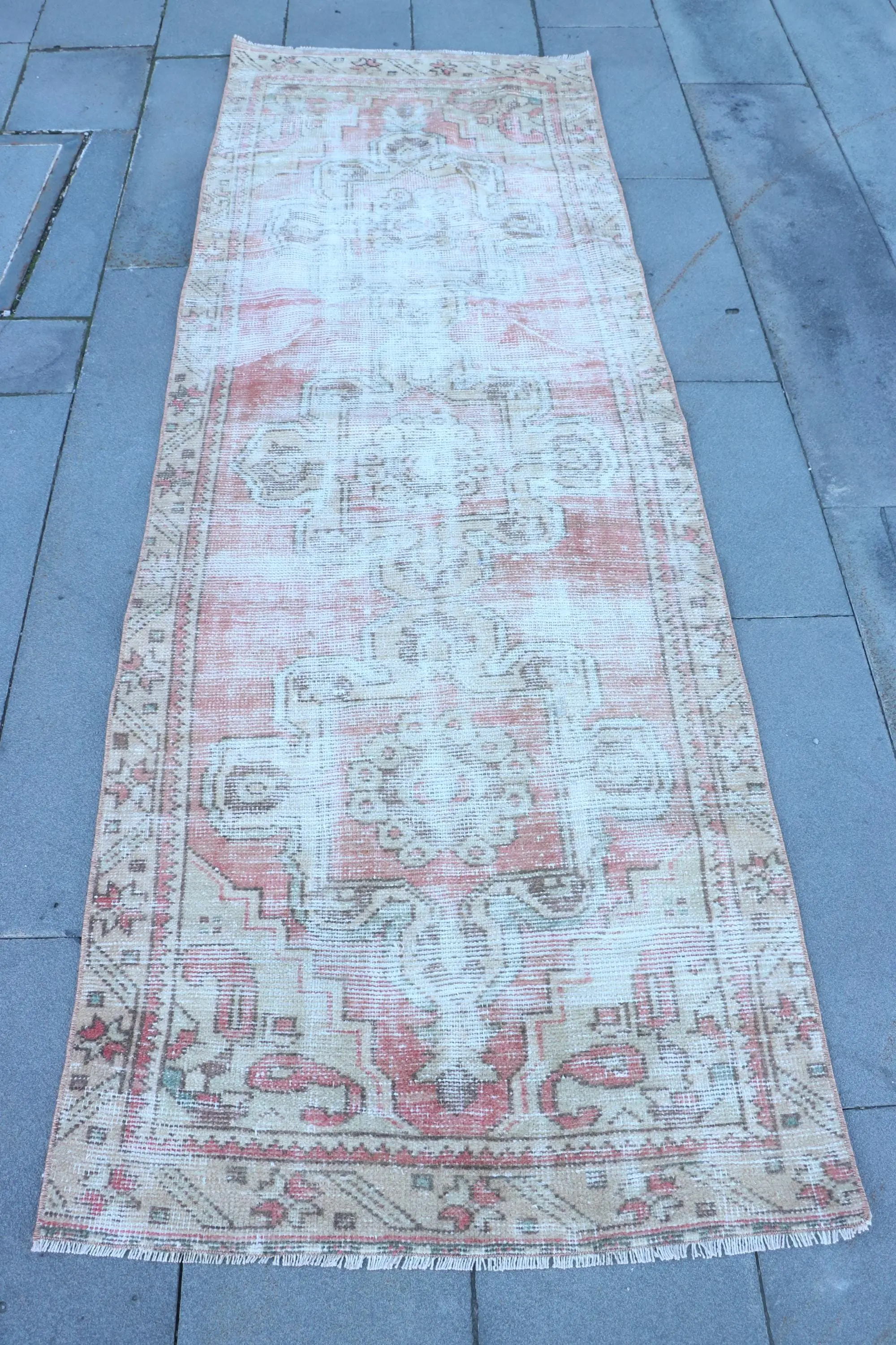 Turkish Vintage Rug, 2.8x8.2 ft Rug, White Check Wool Rug - 1
