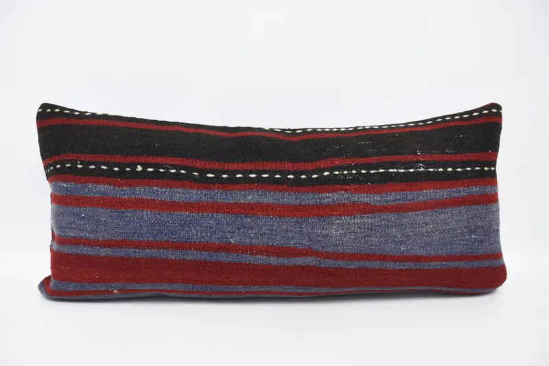 Turkish Red Woven Cushion Cover, Antique Striped 16x36 inch Pillow Case - 1