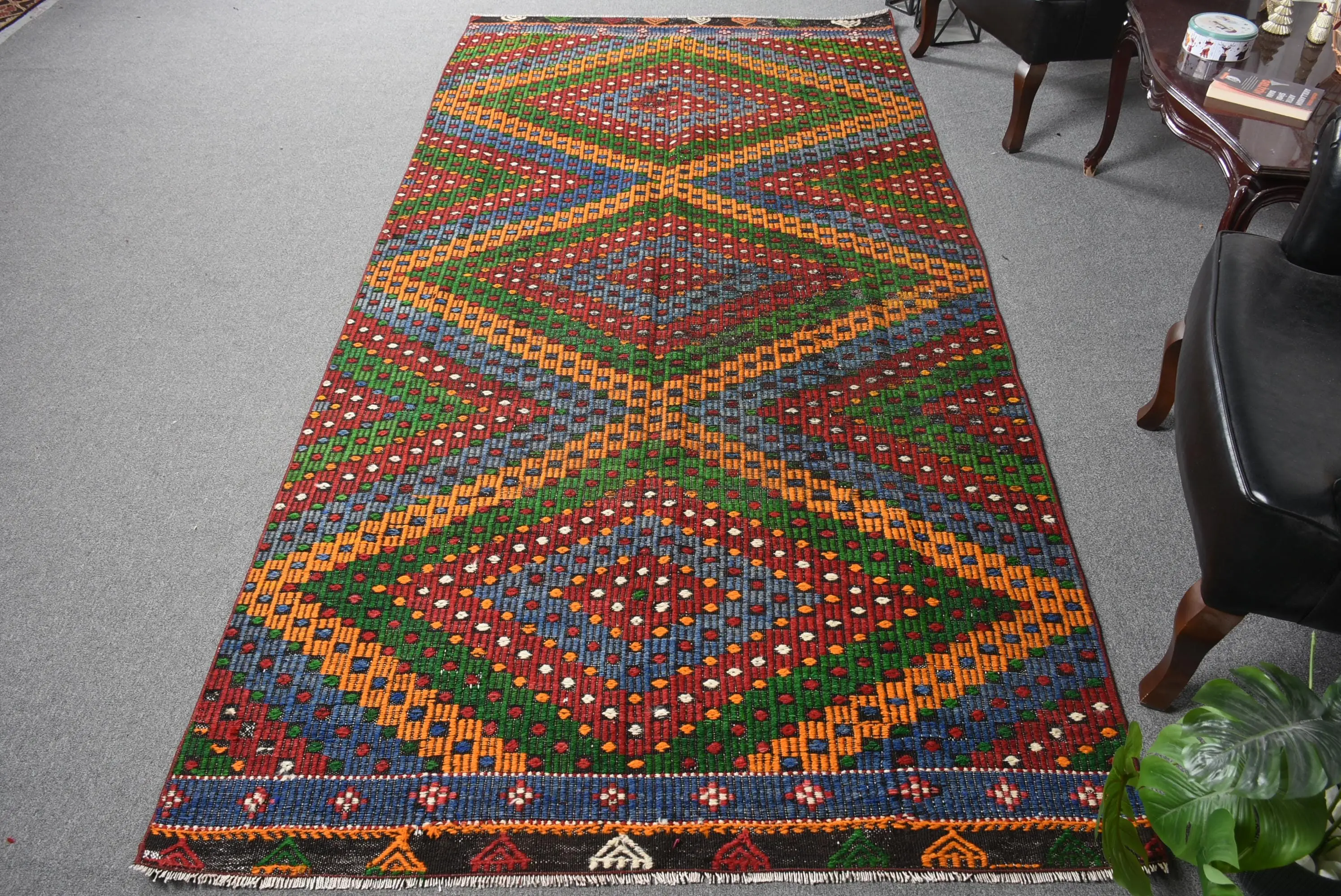 4.9x10.2 ft Büyük Türk Vintage Halı, Mavi Bitkiler ve ağaçlar Yün Halı - 1