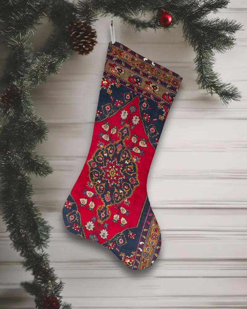 Bronz Süslü Şenlikli Kırmızı Noel Çorabı, 12 İnç Pamuklu Çorap