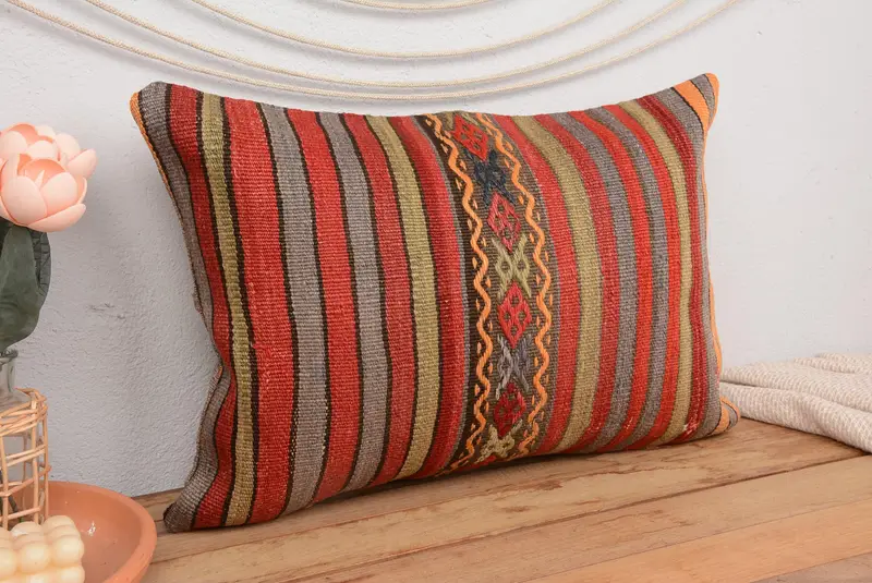 Rot & Bronze gestreiftes Kissen, 16x24 besticktes Wurfkissen