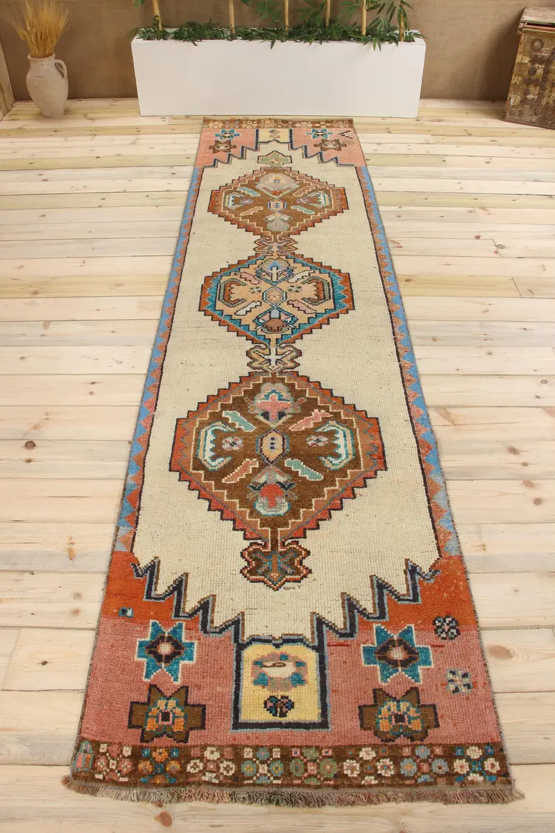 Handmade Beige & Brown Animal Print Rug, 2.2x11 ft