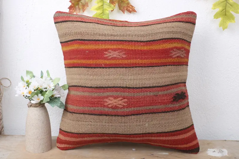 Vintage Kilim Pillow, Floor Cushion Case, Interior Designer Pillow, Cushion, Pillow for Sofa, Anatolian Cushion Case, 16x16 Red Cushion Case - 2