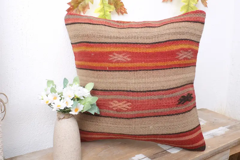 Vintage Kilim Pillow, Floor Cushion Case, Interior Designer Pillow, Cushion, Pillow for Sofa, Anatolian Cushion Case, 16x16 Red Cushion Case - 4