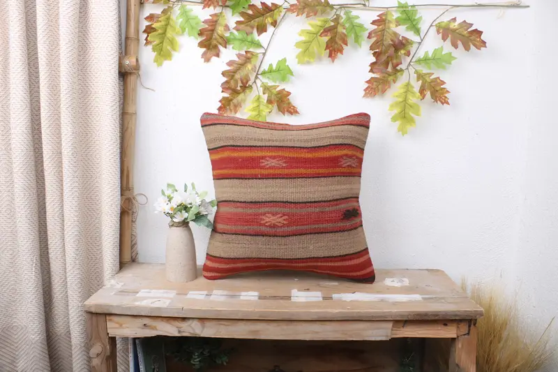 Vintage Kilim Pillow, Floor Cushion Case, Interior Designer Pillow, Cushion, Pillow for Sofa, Anatolian Cushion Case, 16x16 Red Cushion Case - 1