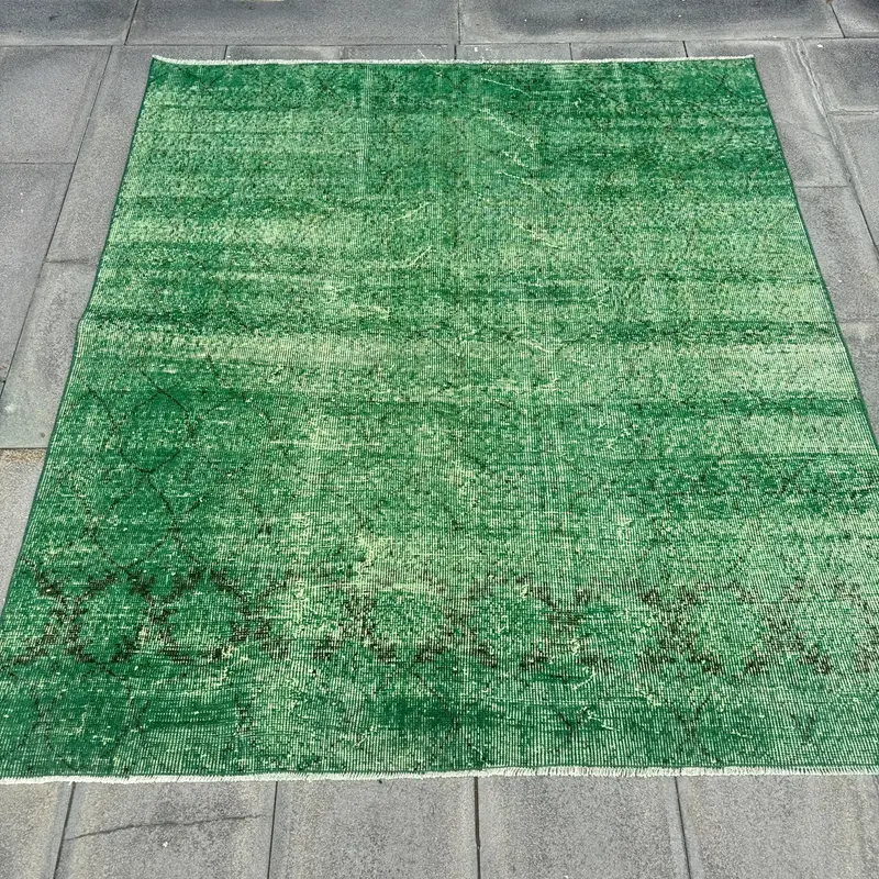Green & Black Rug, 5.1x5.8 ft Botanical Design