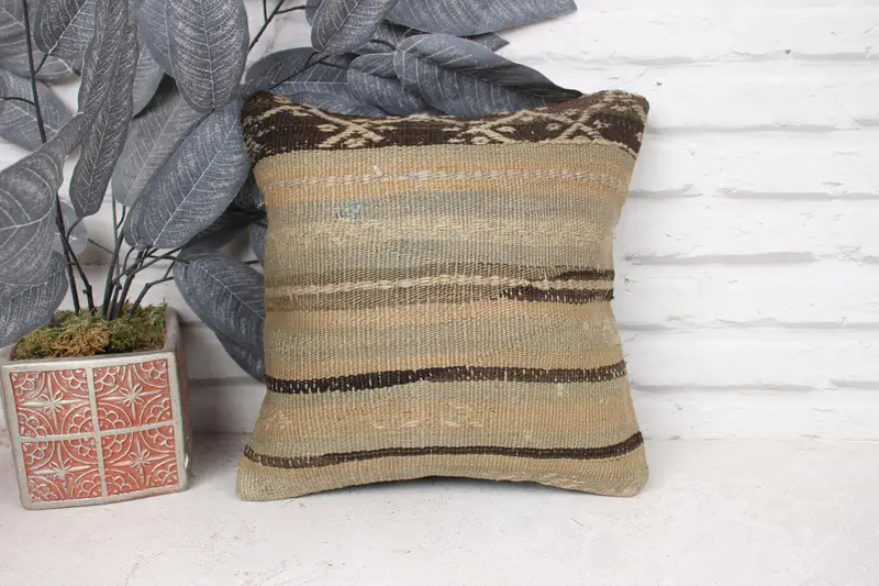 12x12 Beige Pillow, Aesthetic Cushion Cover, Cushion, Turkish Kilim Pillow, Kilim Cushion Sham, Boho Pillow, Neutral Throw Pillow - 1