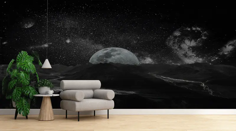 Zarif Mekanlar İçin Büyüleyici Dolunay Galaksi Baskılı Duvar Kağıdı