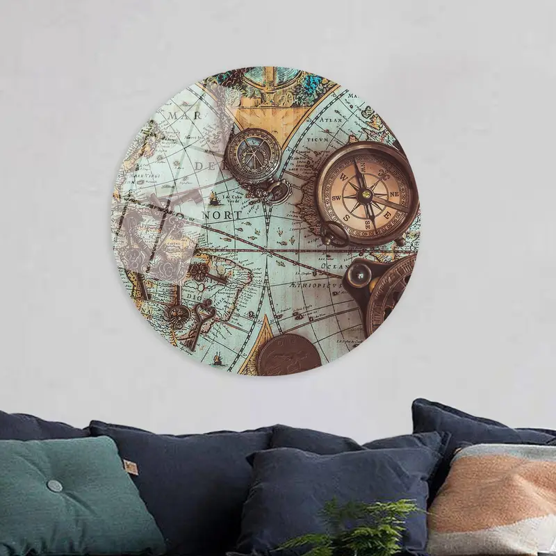 Vintage World Map Canvas: Elegant Brass Pocket Compass Design