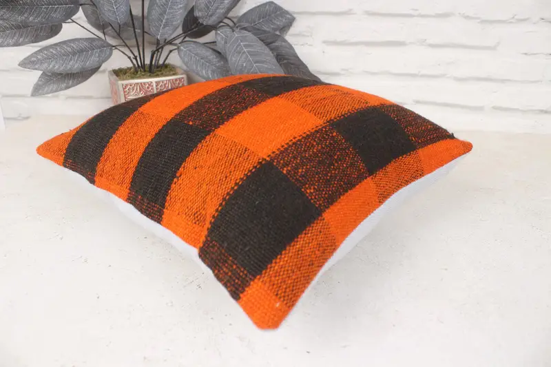 14x14 Orange Cushion, Turkish Kilim Pillow, Boho Pillow Sham Cover, Pillow, Interior Designer Pillow, Authentic Cushion Cover - 6