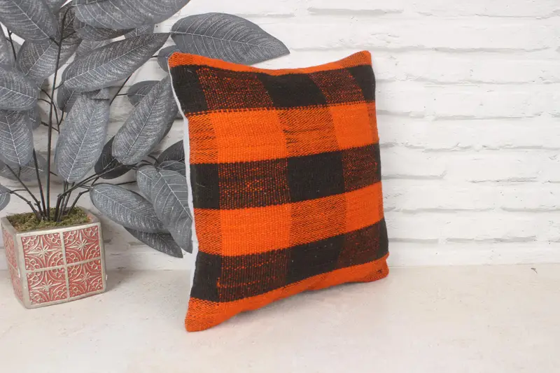 14x14 Orange Cushion, Turkish Kilim Pillow, Boho Pillow Sham Cover, Pillow, Interior Designer Pillow, Authentic Cushion Cover - 3