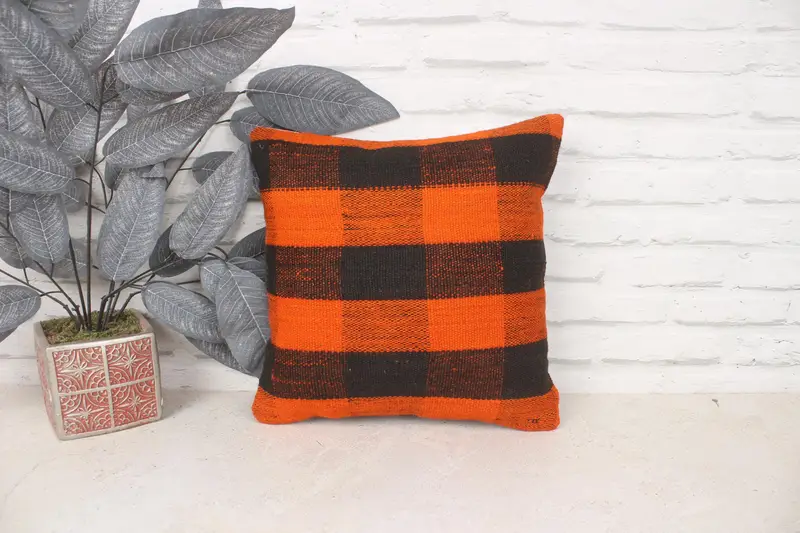 14x14 Orange Cushion, Turkish Kilim Pillow, Boho Pillow Sham Cover, Pillow, Interior Designer Pillow, Authentic Cushion Cover - 1
