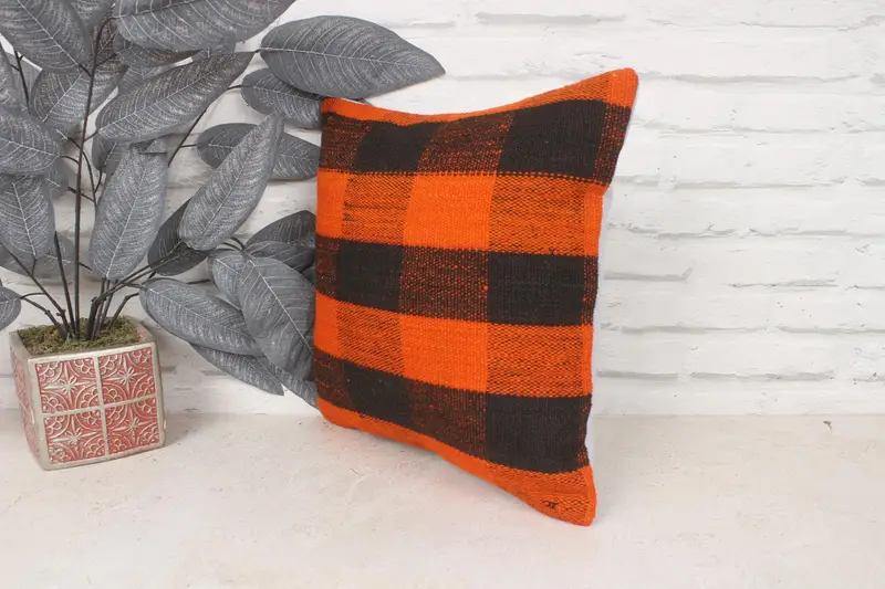 14x14 Orange Cushion, Turkish Kilim Pillow, Boho Pillow Sham Cover, Pillow, Interior Designer Pillow, Authentic Cushion Cover - 4