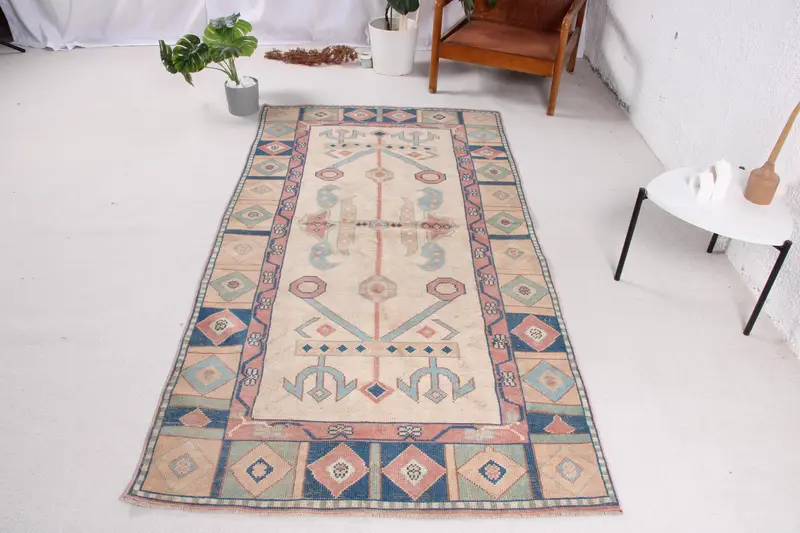 3.8x7.5 ft Oushak Vintage Halı, Mavi Çizgili Türk Halısı Yün - 1