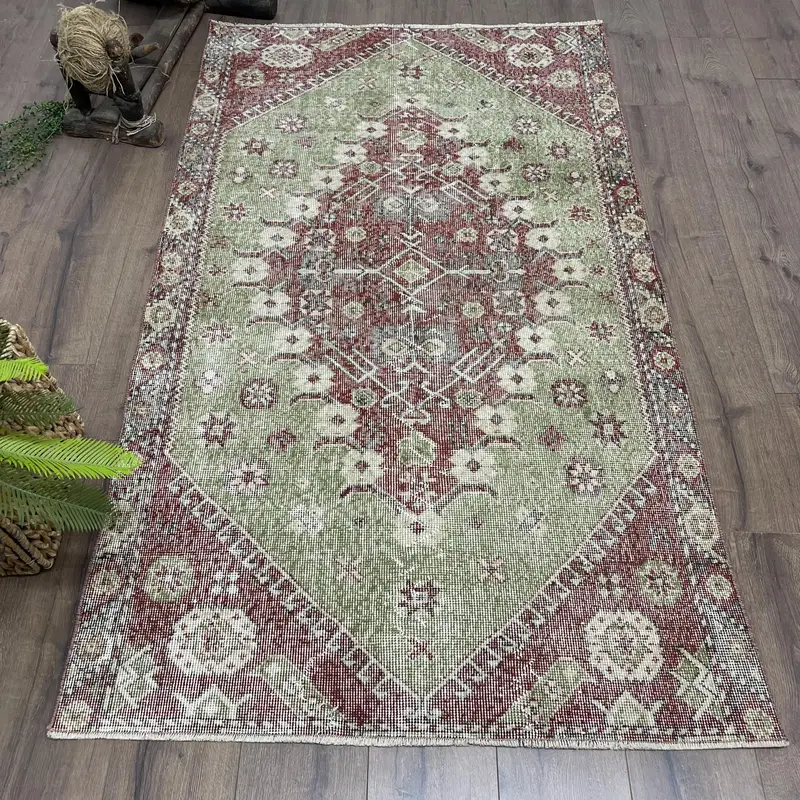 3.6x6.2 ft Rug, Turkish Vintage Rug, Oushak Red Check Rug - 1
