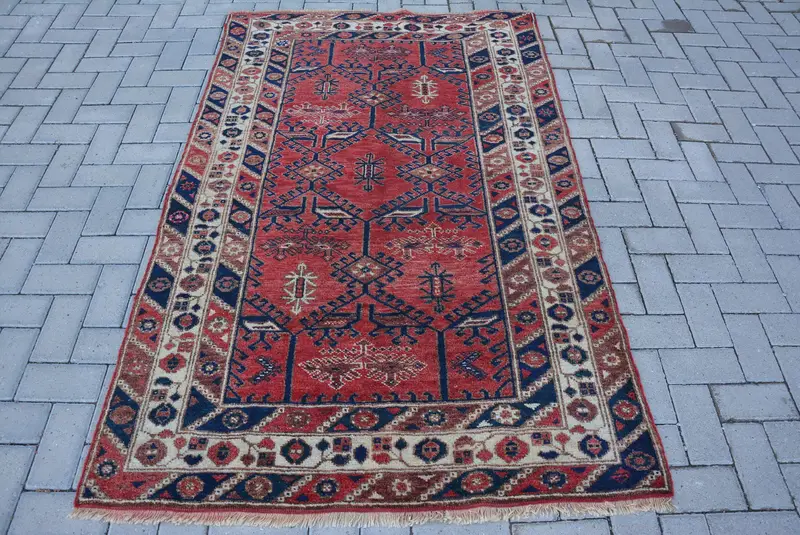 Türkischer Vintage-Teppich, 4,1 x 6,46 Fuß großer Teppich, rot-blauer Camouflage-Wollteppich - 1