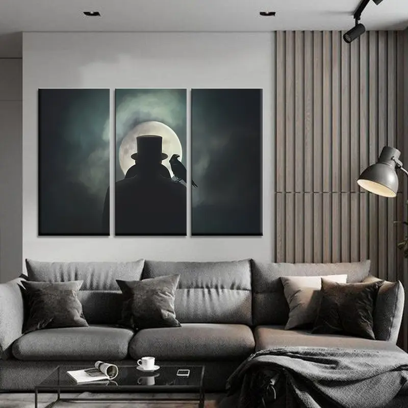 Horror Canvas Decor, Halloween Wall Art, Modern Wall Art, Man Crow His Shoulder Observing Moon, Moonlight Canvas, Halloween Celebration Art - 1