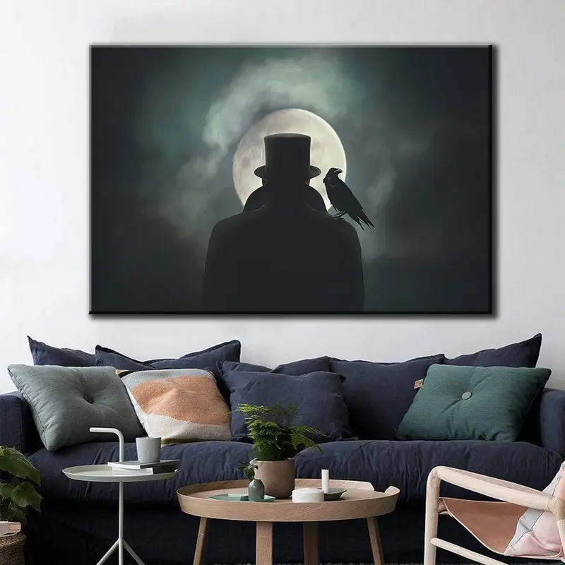 Horror Canvas Decor, Halloween Wall Art, Modern Wall Art, Man Crow His Shoulder Observing Moon, Moonlight Canvas, Halloween Celebration Art - 2