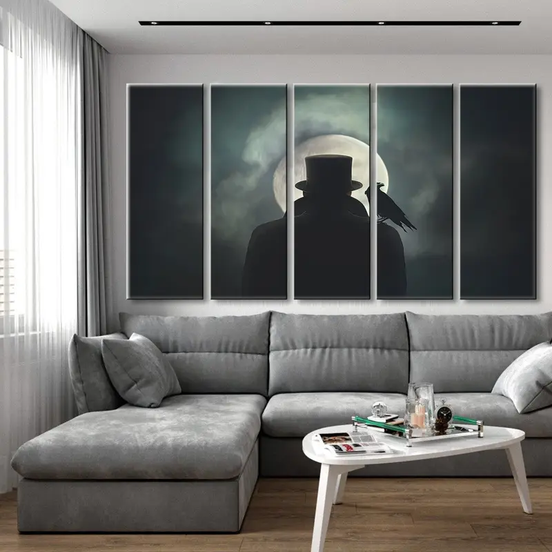 Horror Canvas Decor, Halloween Wall Art, Modern Wall Art, Man Crow His Shoulder Observing Moon, Moonlight Canvas, Halloween Celebration Art - 4