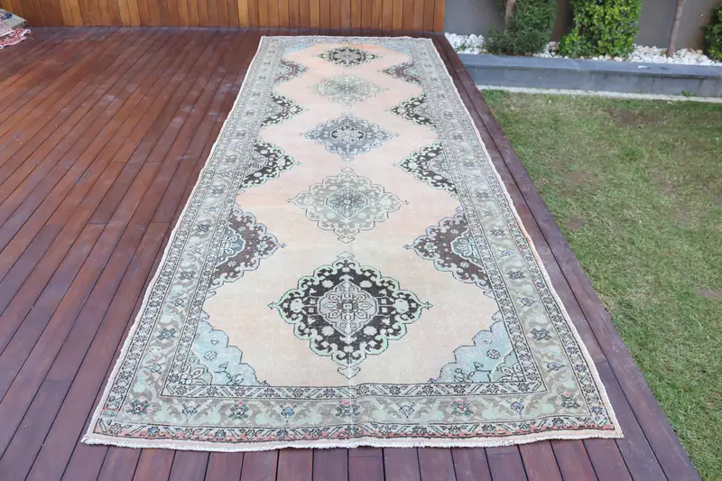 Türk Vintage Halısı, 4.8x10.5 ft Büyük Halı, Mavi Kahverengi Bitkiler ve ağaçlar Yün Halı - 1
