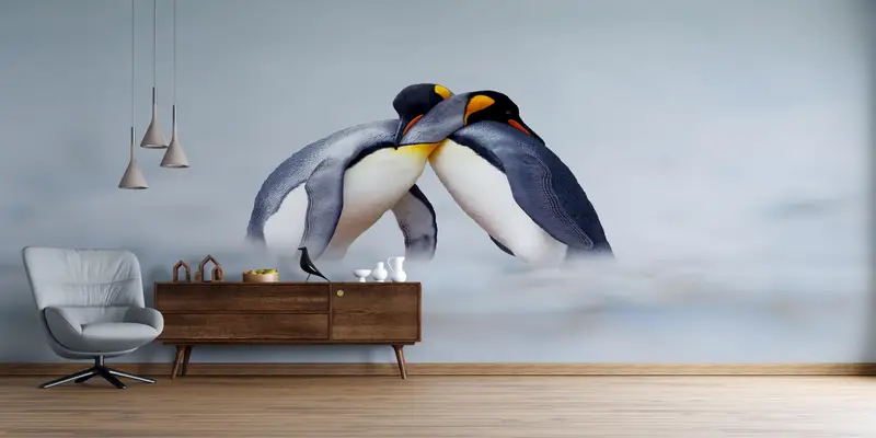 Cuddling Penguins Wall Painting, Snow Wall Painting, Paper Crafts, Animal Digital Paper, Winter Wallpaper, 3D Wall Mural, - 3
