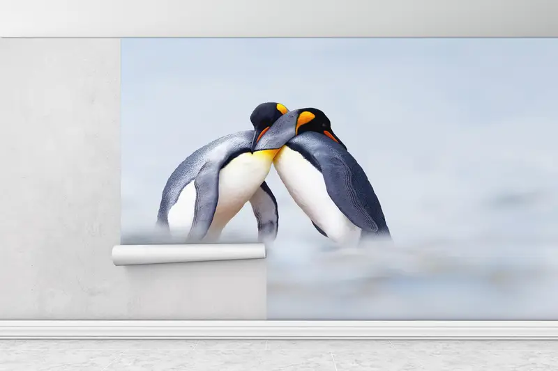 Cuddling Penguins Wall Painting, Snow Wall Painting, Paper Crafts, Animal Digital Paper, Winter Wallpaper, 3D Wall Mural, - 1