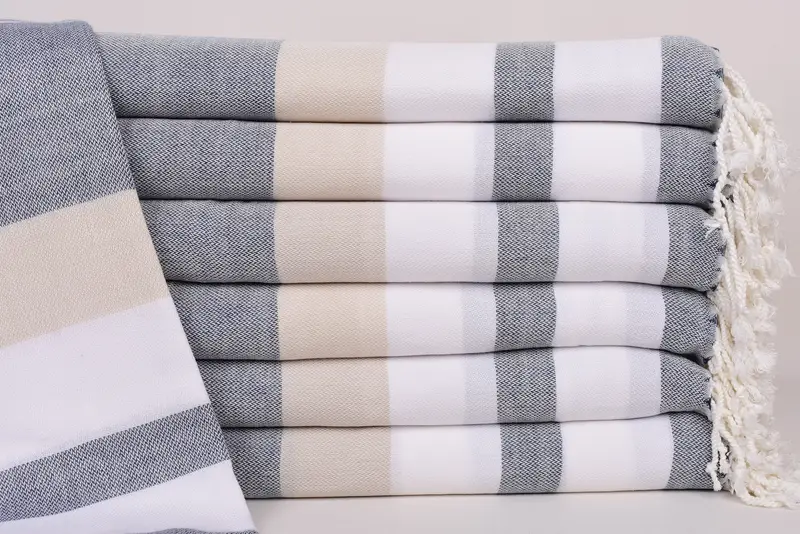 Personalized Turkish Beach Towel, Navy Blue-Beige Striped, 70x40 Inches