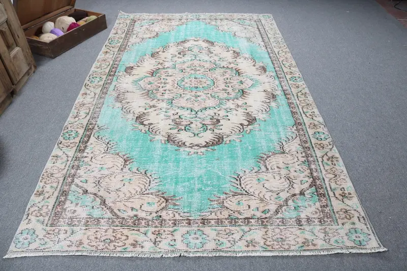 Türk Büyük Halı 5.5x9.2 ft, Vintage Oushak Mavi Patchwork Yün Halı - 1