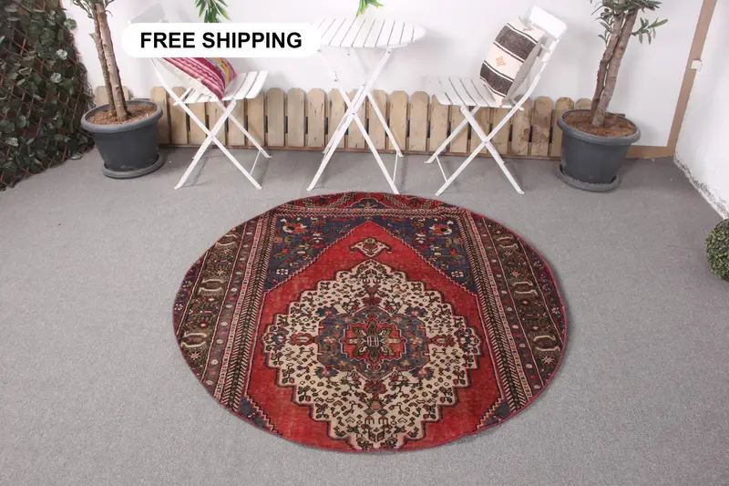 赤と青のパッチワークラグ、4.7x4.8フィートのエレガントな装飾