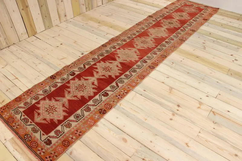 2.8x12.2 ft Oushak Türk Halısı, Kırmızı Bordürlü Vintage Halı Yün - 1