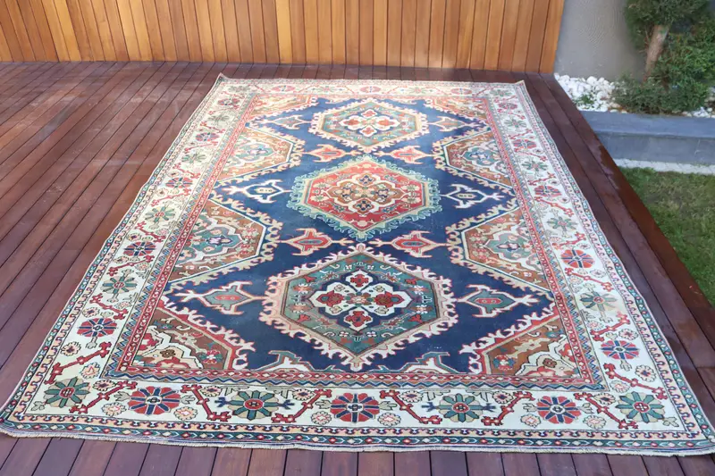 6.46x9 ft Turkish Vintage Rug, Large Rug, Blue Red Animal Print Wool Rug - 1