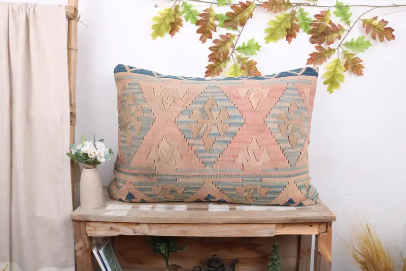 Geometric Pink Linen Throw Pillow, 20x28 Embroidered Cushion