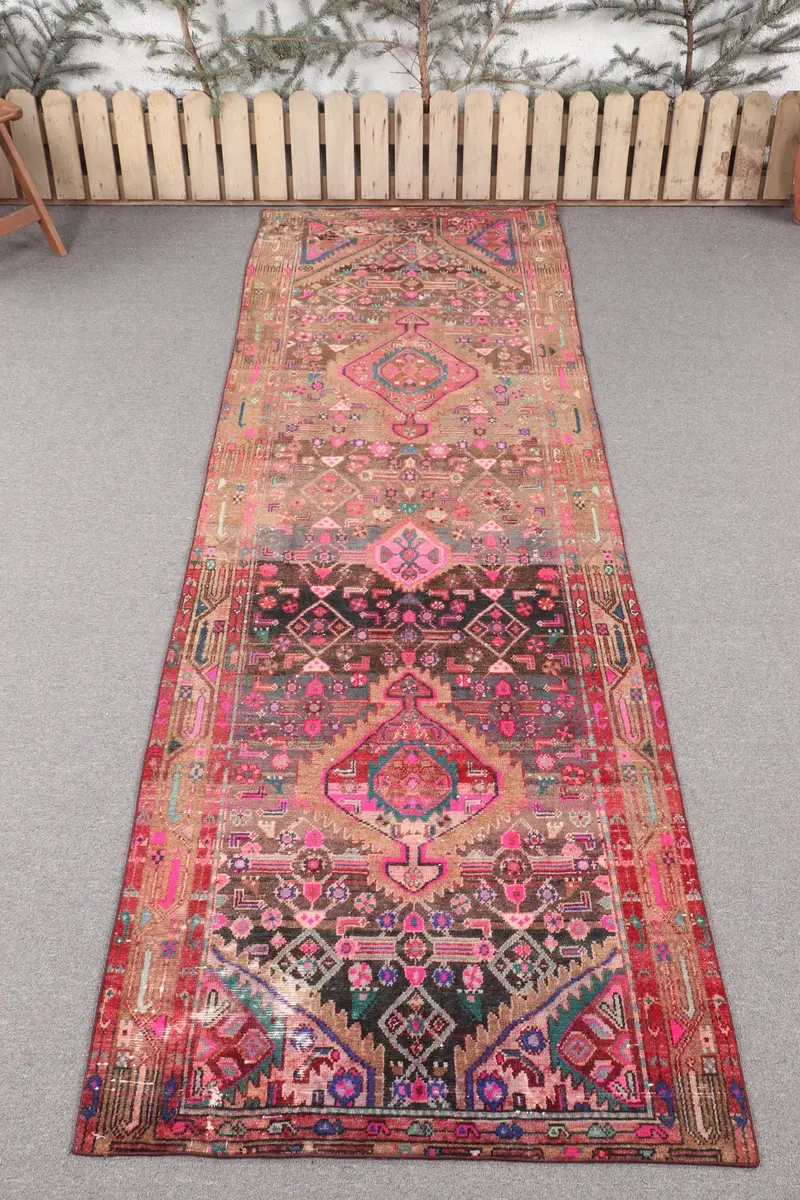 手作りピンクラグ、3.1x9.1フィートブラウンチェックパターン