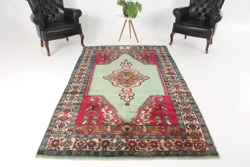 Vintage Oushak Büyük Halı 4,9x8,3 ft (150x253 cm), Türk Kırmızı Kamuflaj Halı - 1