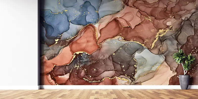 Zarif Baskılı Lüks Mermer Duvar Kağıdı: Kahverengi, Gri, Altın, Mavi